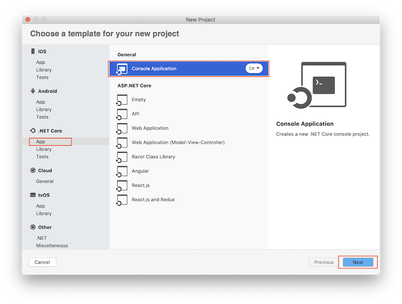 Which visual studio for mac project to use for cross platform c# application online
